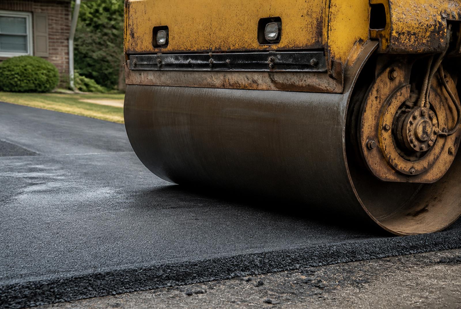 Steel drum roller compacting fresh asphalt on a residential driveway
