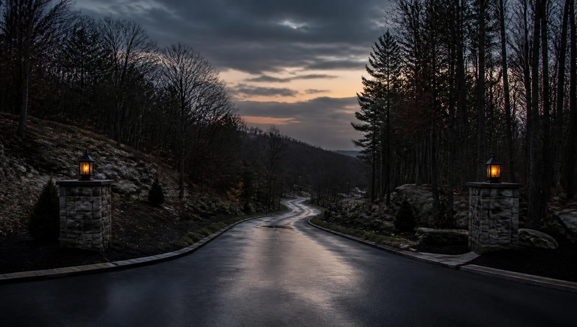 Newly paved private road through wooded Northern New Jersey countryside